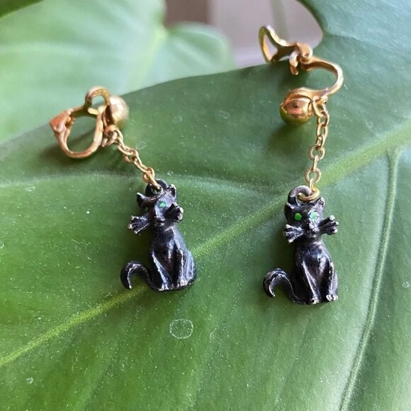 Patented Black Cat Vintage Dangle Earrings - Picture 1 of 8